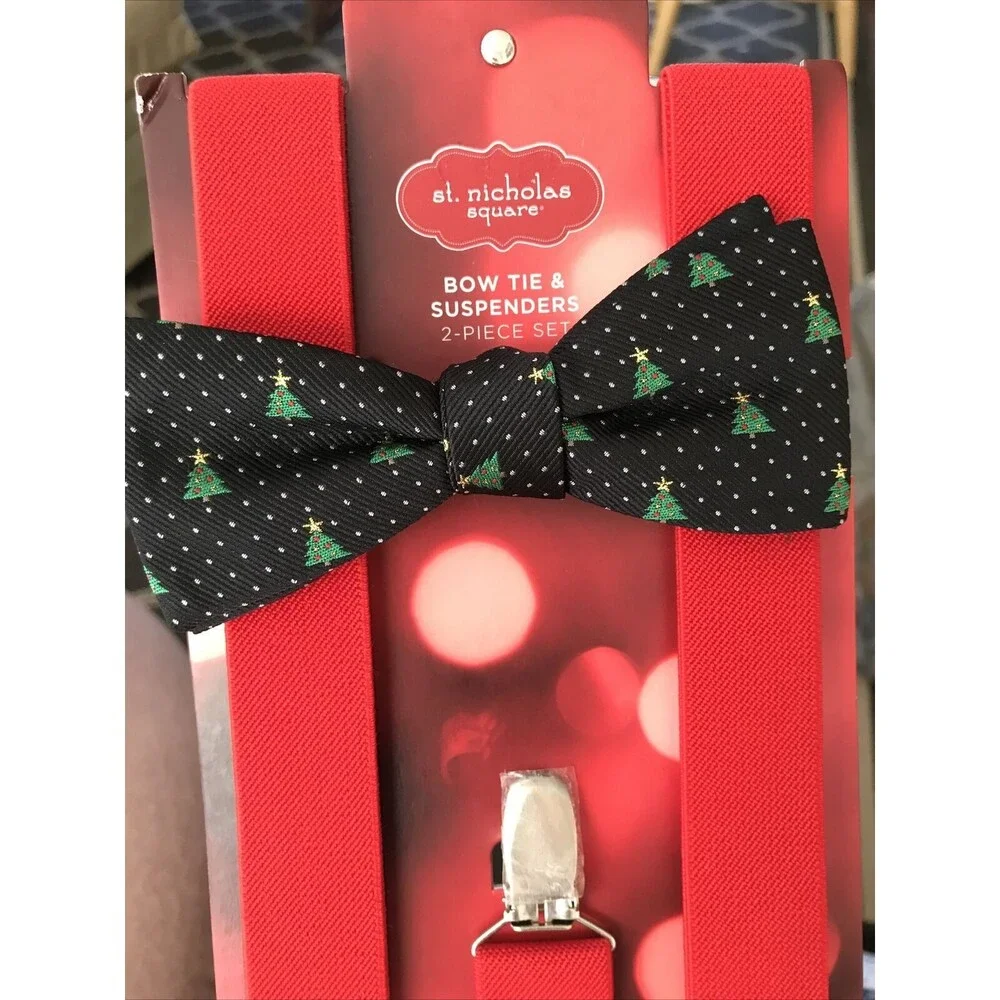ST. NICHOLAS SQUARE Red SUSPENDERS BOW TIE SET CHRISTMAS Trees NEW Men’s